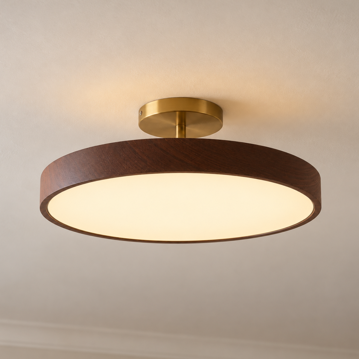 Scandinavian Flush Mount Ceiling Light – Wood Look with Gold Frame