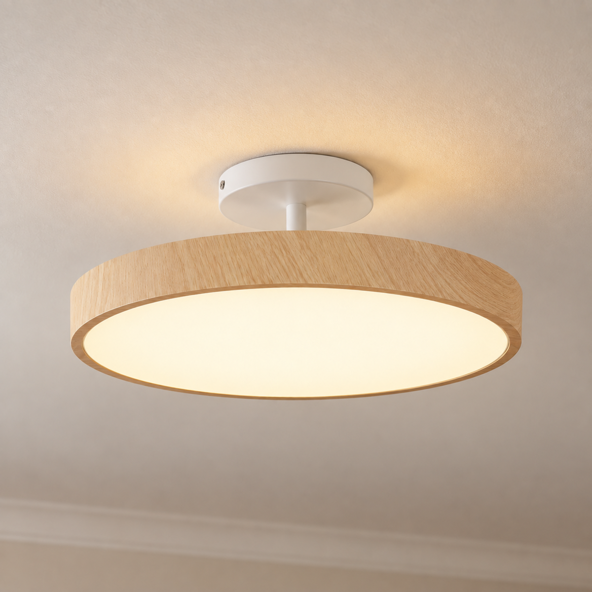 Scandinavian Flush Mount Ceiling Light – Wood Look with Gold Frame