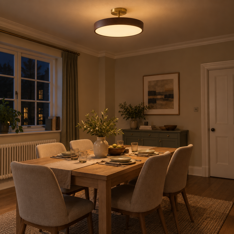 Scandinavian Flush Mount Ceiling Light – Wood Look with Gold Frame